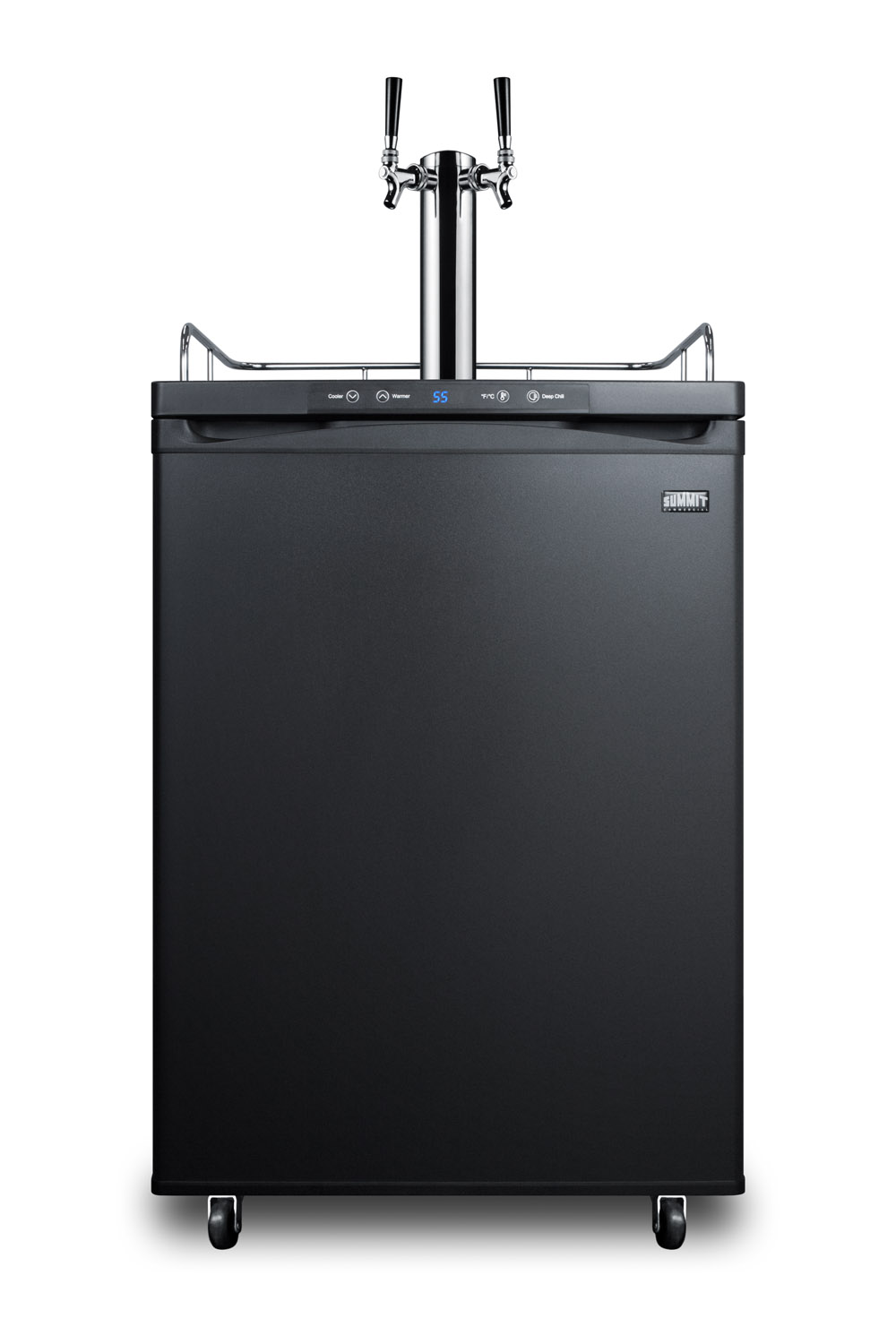 Freestanding residential beer dispenser, auto defrost with digital thermostat, black exterior finish, and dual tap system